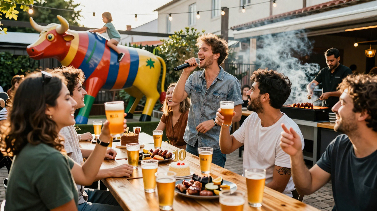 Grupo de amigos a celebrar ao ar livre com cervejas, bolo de aniversário e criança a brincar numa vaca colorida insuflável.