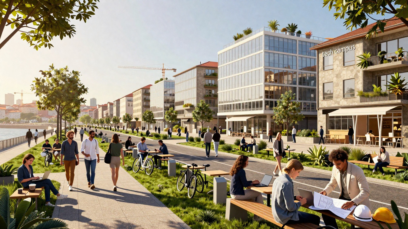 Pessoa a caminhar e a trabalhar ao ar livre numa área urbana moderna junto ao rio com edifícios e vegetação.