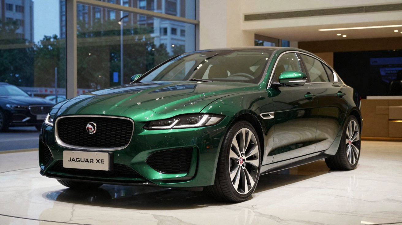 Carro Sedan Jaguar XE verde metálico exibido em ambiente interior com janelas e edifícios ao fundo.