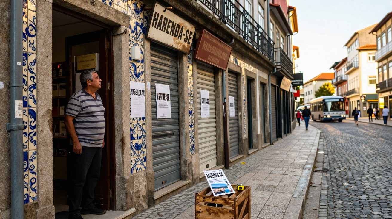 Homem de pé na porta de armazém à venda com placas nas montras em rua de calçada portuguesa.