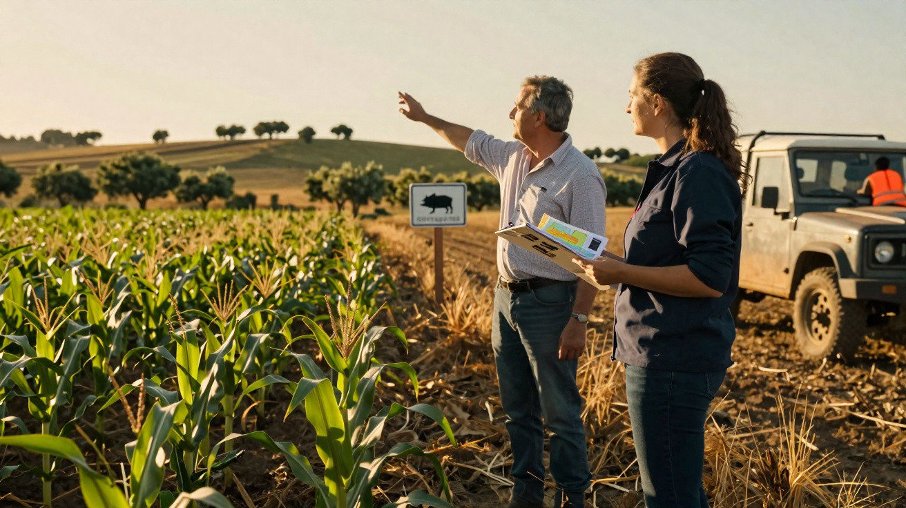 Dois agricultores a inspecionar um campo de milho com um veículo rural ao fundo durante o pôr do sol.
