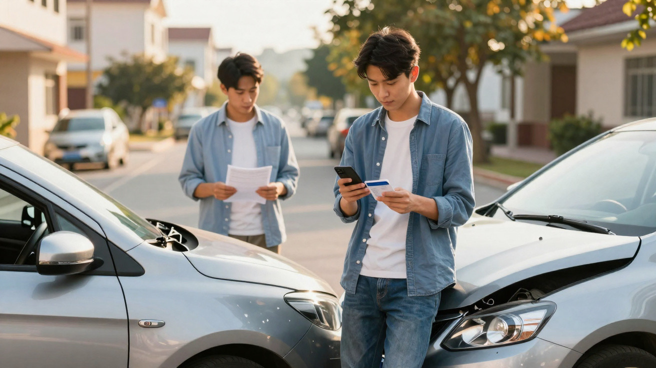 Dois jovens adultos verificam documentos após acidente entre dois carros numa rua residencial.