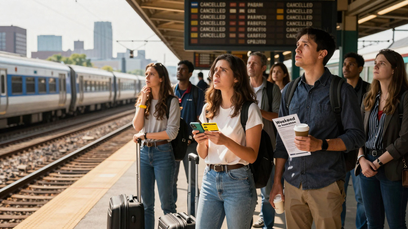 Viajantes numa estação de comboios olhando um painel com várias partidas canceladas ao fundo.