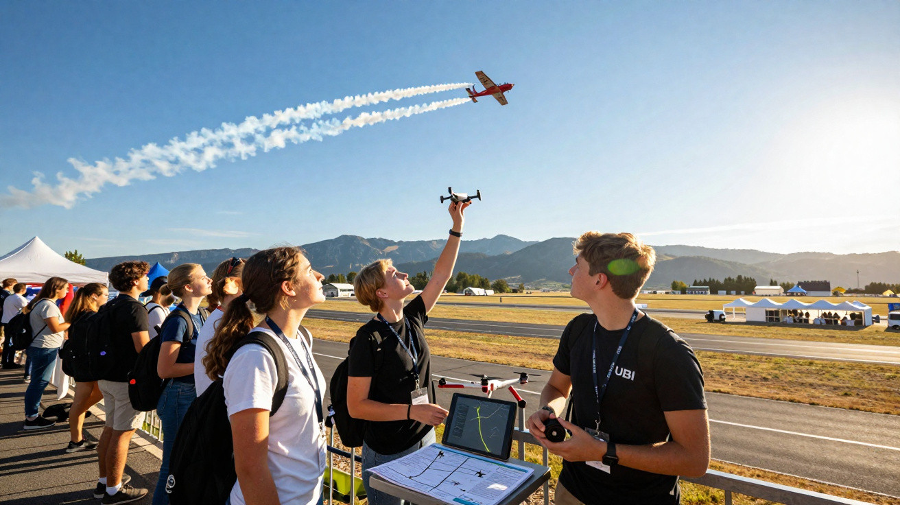 Grupo de jovens observa avião a fazer manobra e piloto controla drone num evento ao ar livre.