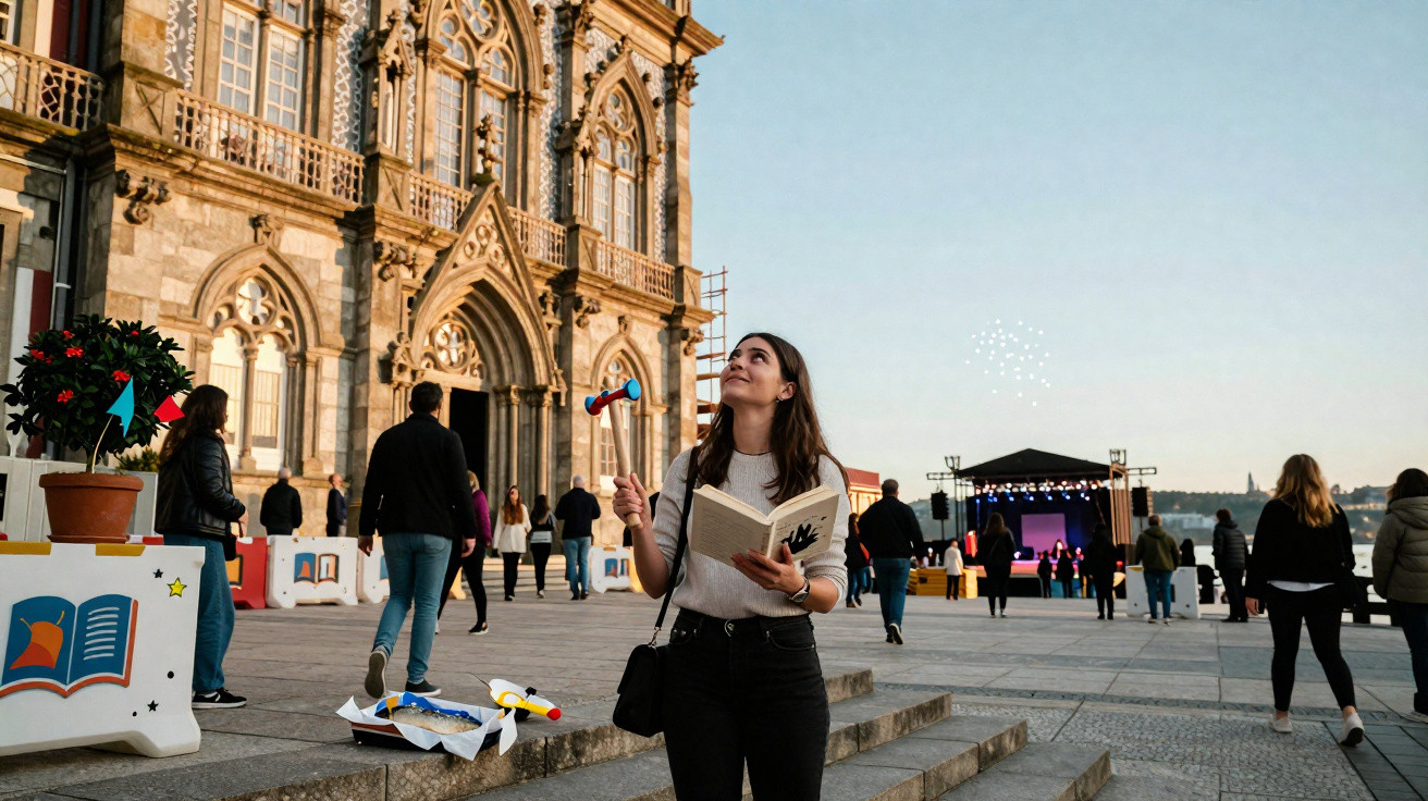 Mulher a ler livro e a brincar com pião de vento em praça com edifício antigo e pessoas ao fundo.