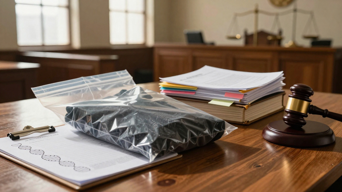 Mala de evidências, documentos, livros e martelo de juiz numa mesa de tribunal.