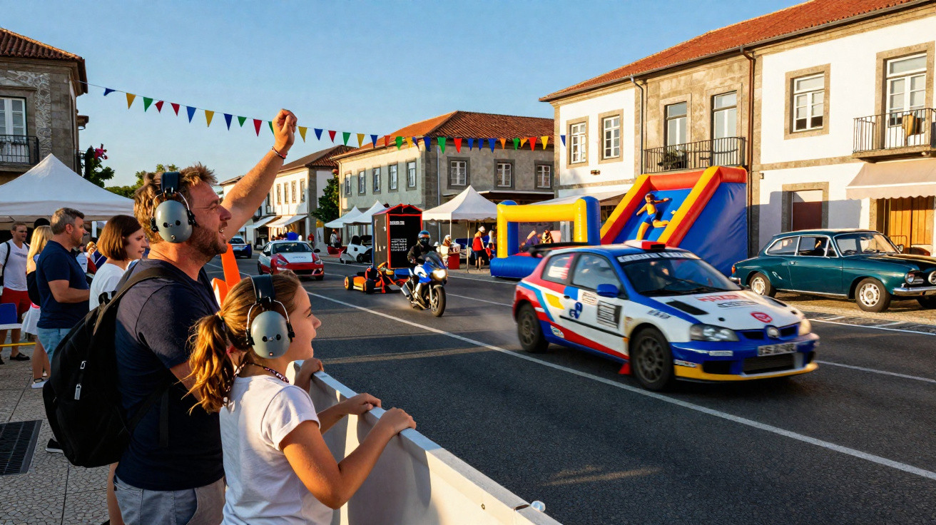 Pessoas com protetores auriculares assistem corrida de carros e motocicletas em rua de aldeia com casas e insuflável.