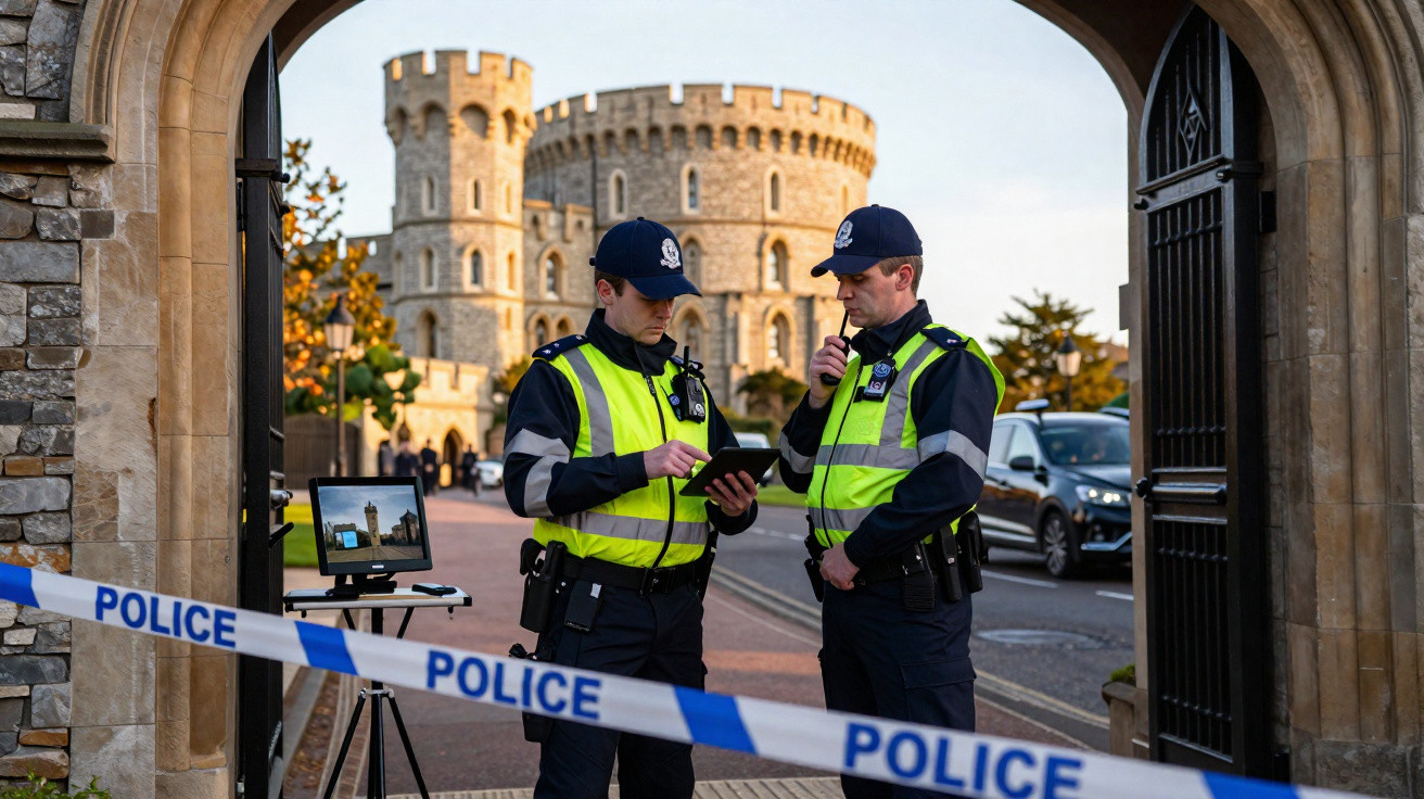 Dois policiais em coletes refletivos a analisar um tablet perto de uma entrada de castelo com fita policial à frente.
