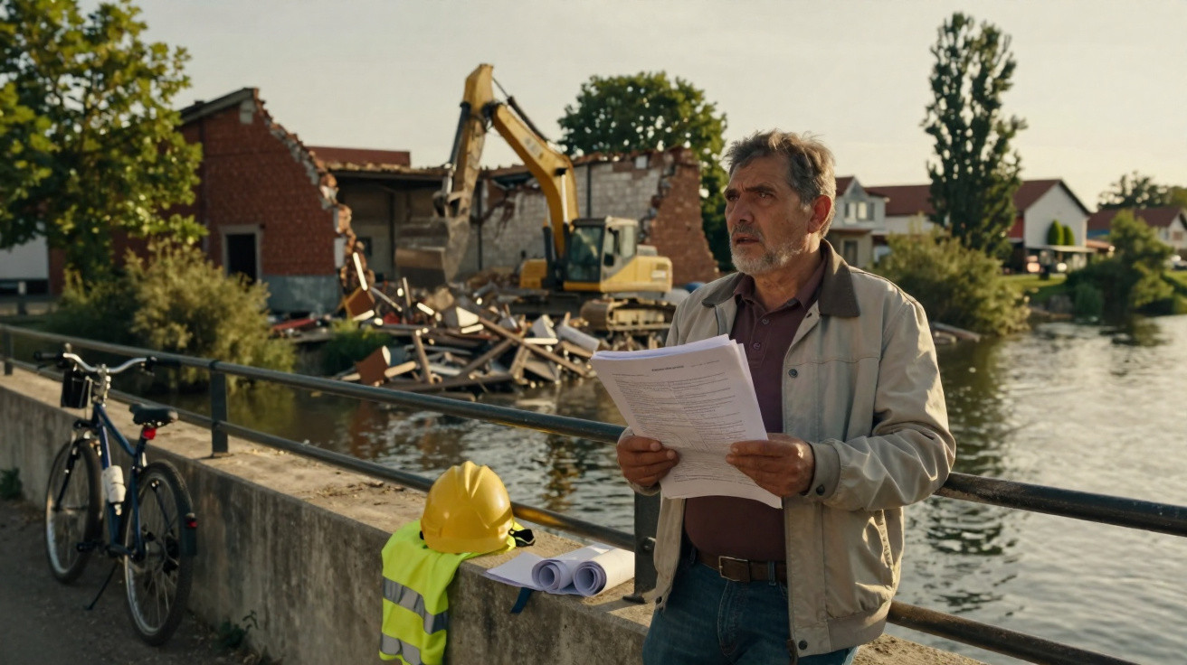 Homem com documentos observa obras de demolição junto a rio, com capacete e colete à beira de um muro.