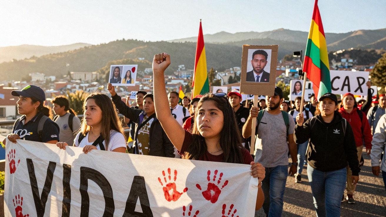 Manifestantes bolivianos seguram bandeiras, cartazes e faixa contra violência com mãos vermelhas em protesto ao ar livre.