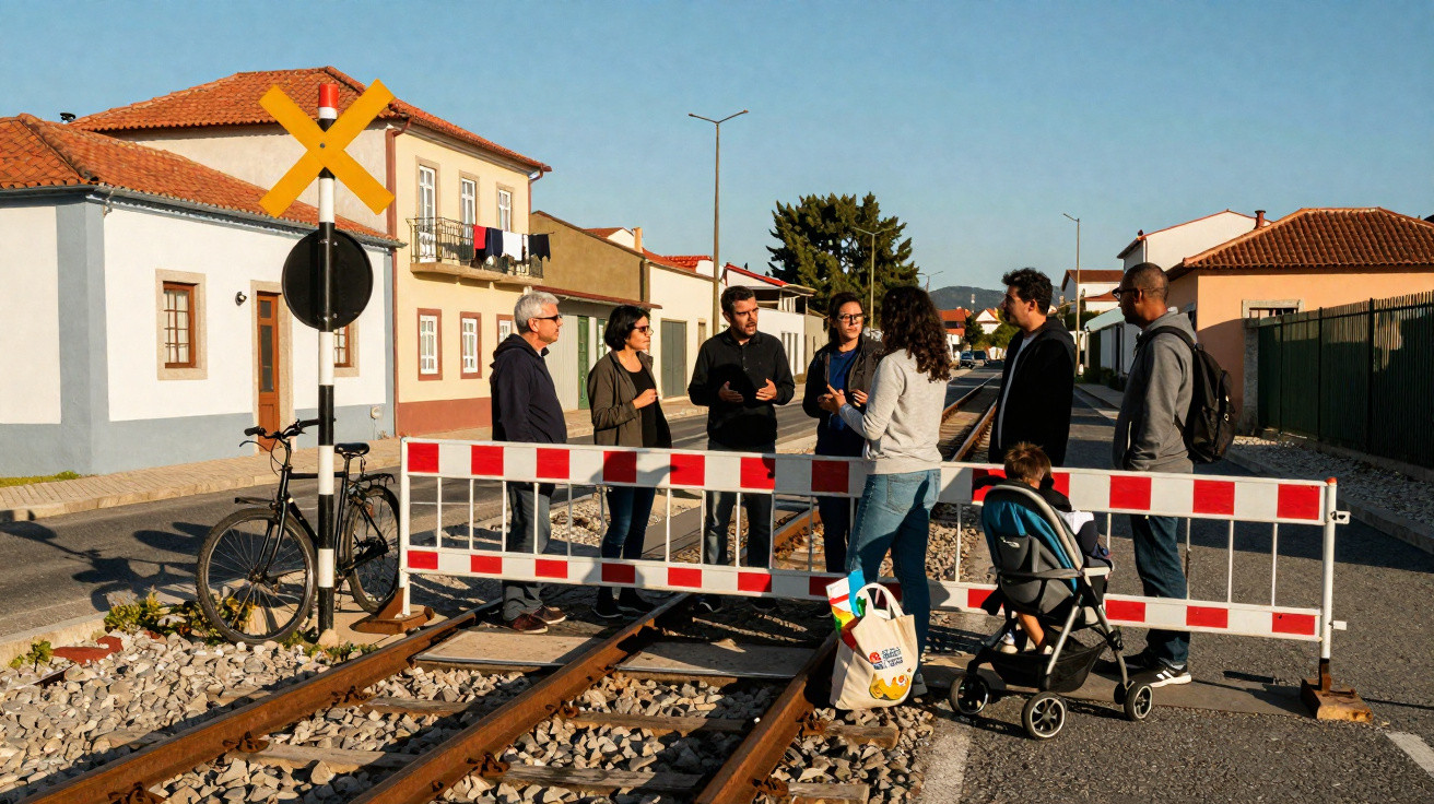 Grupo de pessoas à conversa junto a passagem de nível fechada em zona urbana com carrinho de criança.