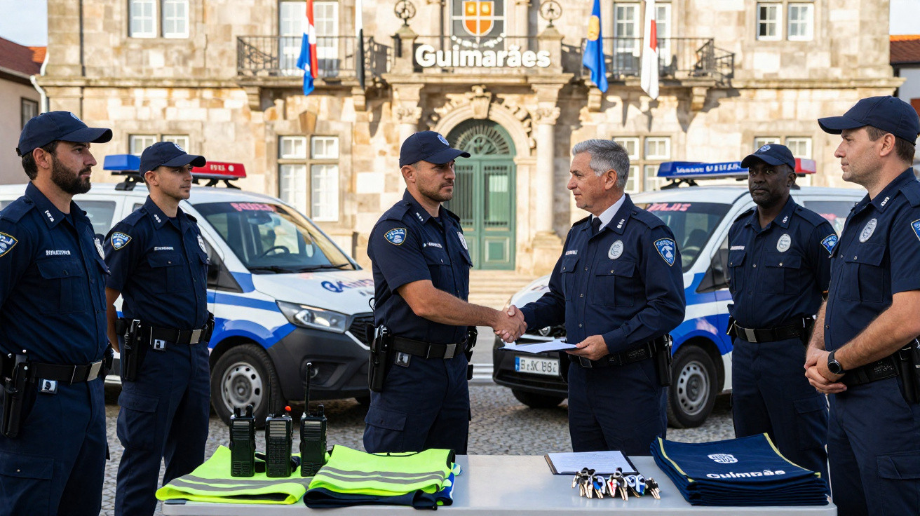 Polícias a cumprimentar-se diante de viaturas em cerimónia oficial na Câmara de Guimarães.