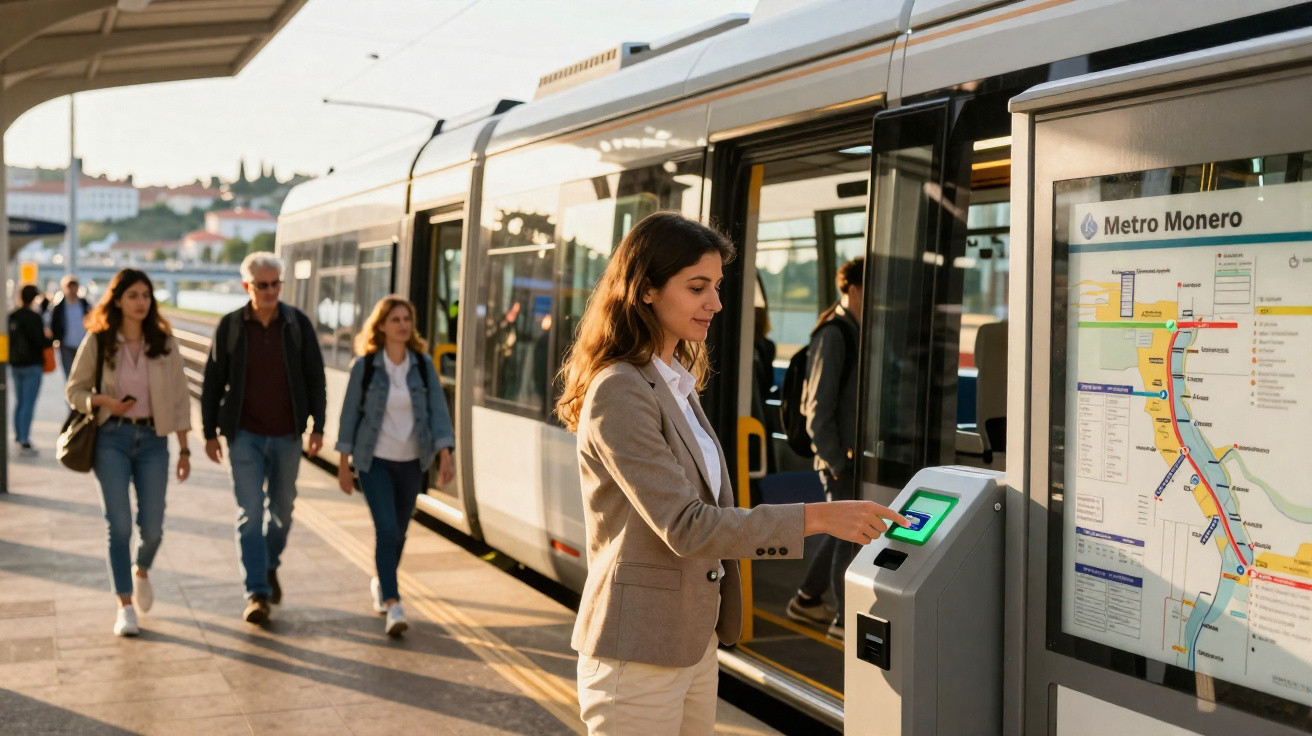 Mulher a validar bilhete num terminal junto a um comboio urbano numa estação de metro ao pôr do sol.
