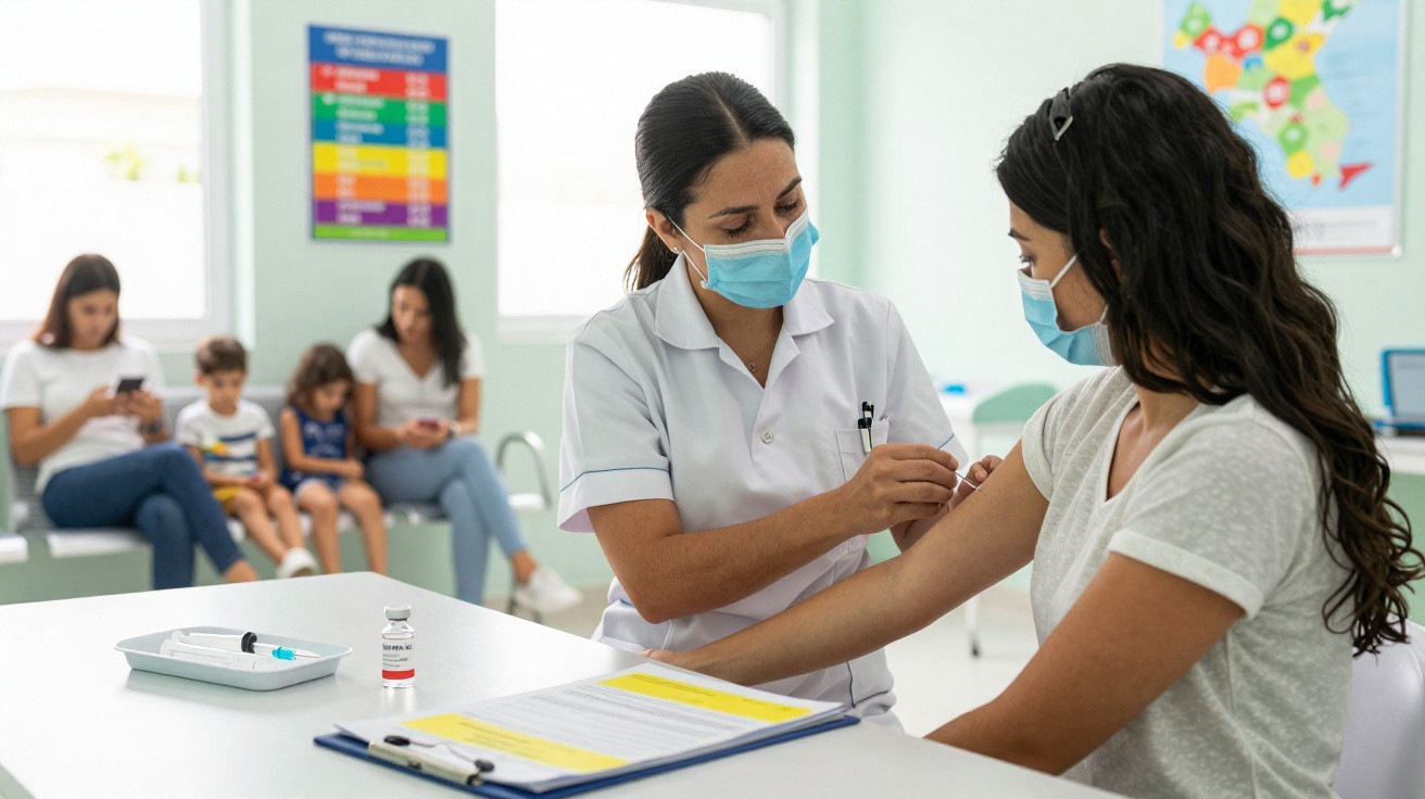 Enfermeira a vacinar mulher jovem numa clínica, ambos de máscara, com pacientes em espera ao fundo.