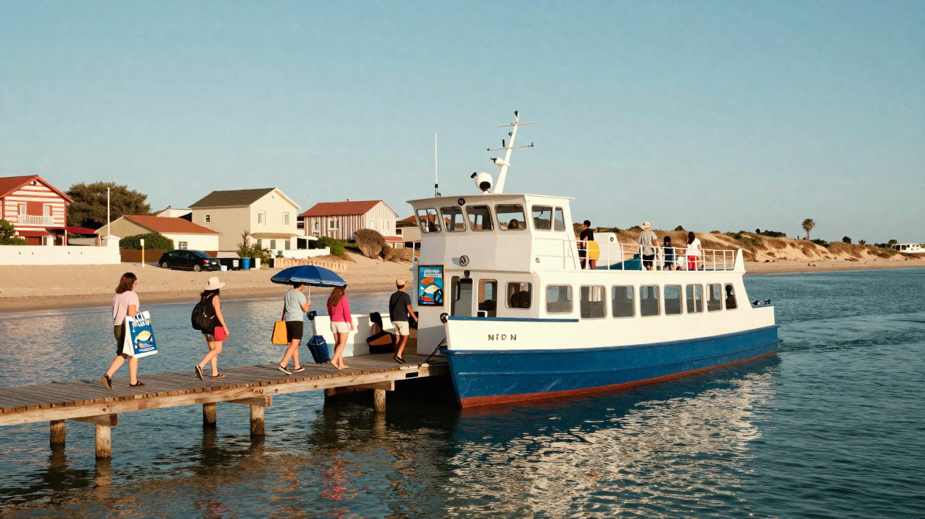 Pessoas a embarcar num ferry azul e branco num cais de madeira junto a casas costeiras ao pôr do sol.