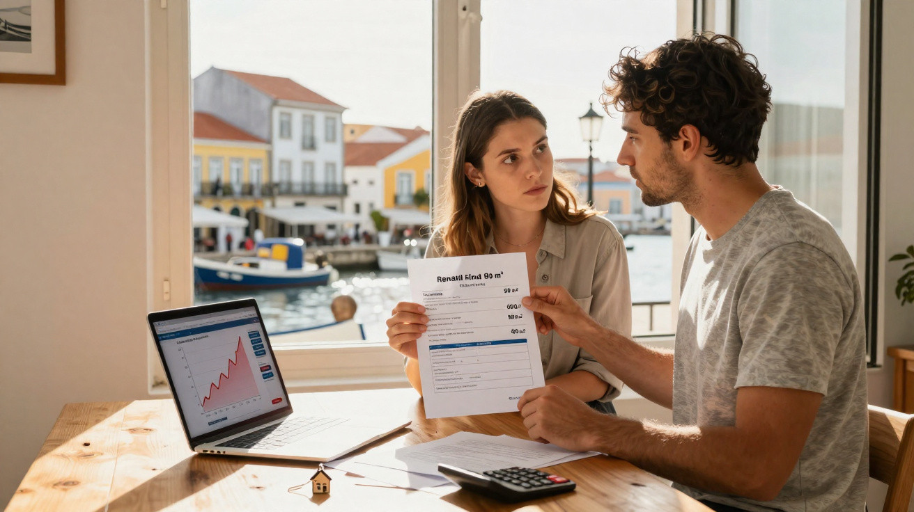 Casal a discutir documento com gráfico num laptop junto a uma janela com vista para o rio e casas coloridas.