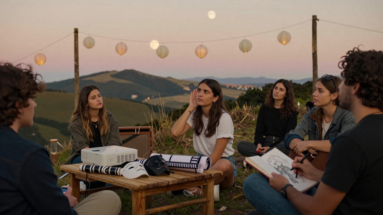 Jovens reunidos ao ar livre, numa mesa rústica com máscara, rolos e caderno, paisagem de colinas ao pôr do sol.