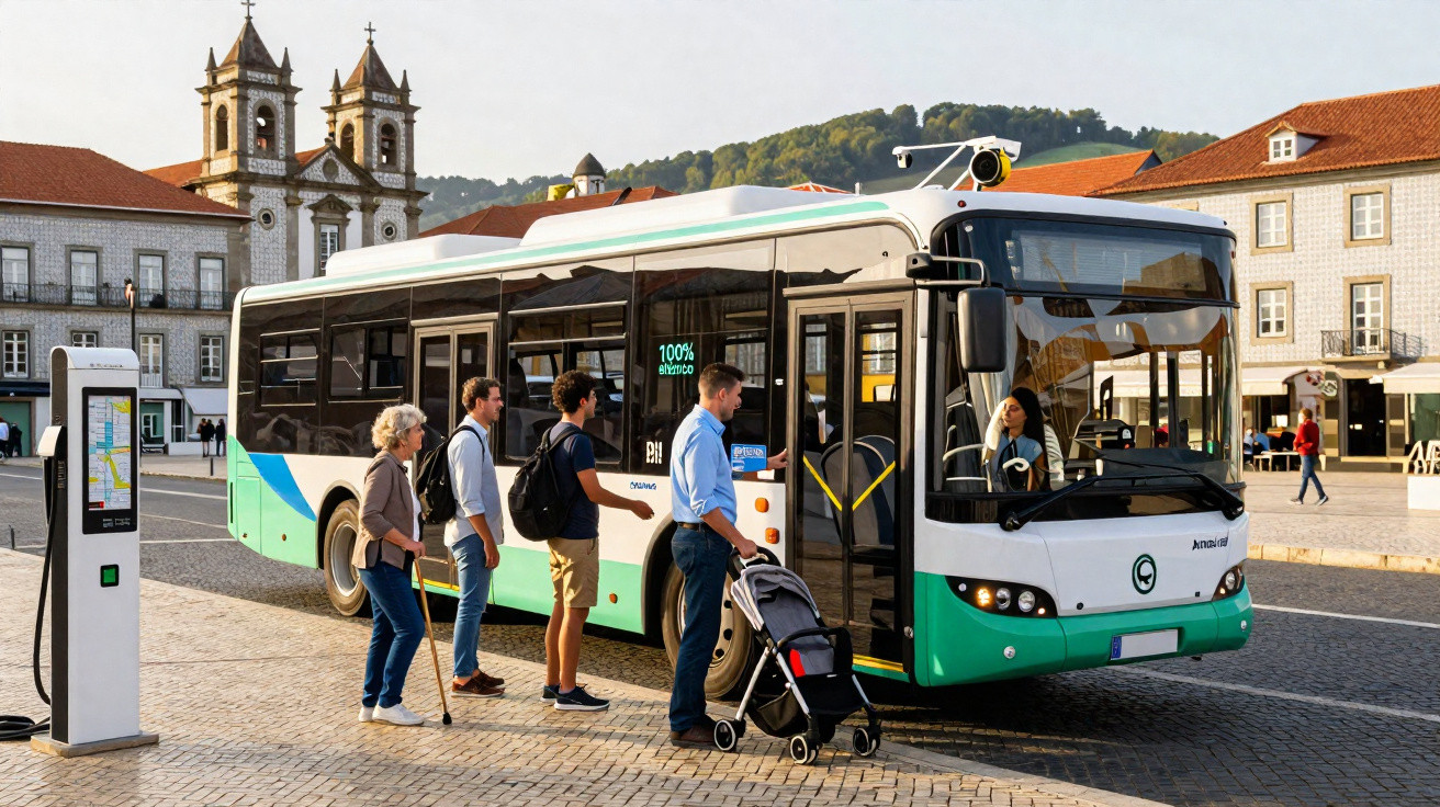 Pessoas a entrarem num autocarro elétrico verde e branco numa praça histórica com igreja ao fundo.