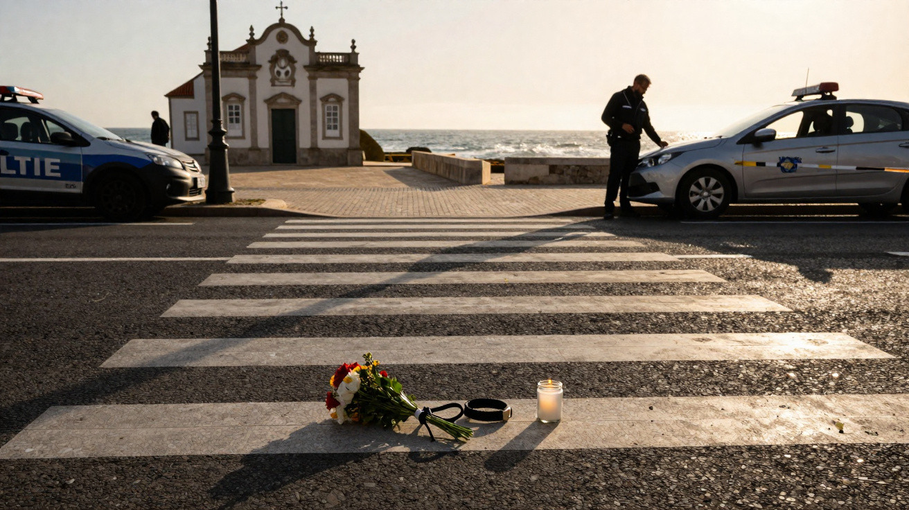 Flores e vela num passeio pedonal com carrinhas de polícia e mar ao fundo, com igreja ao longe.