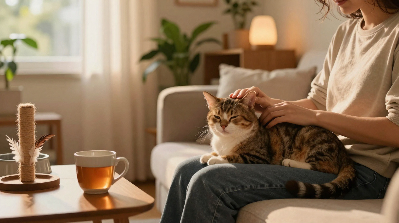 Pessoa a acariciar um gato sentado no colo, com chá numa mesa e ambiente acolhedor em casa.