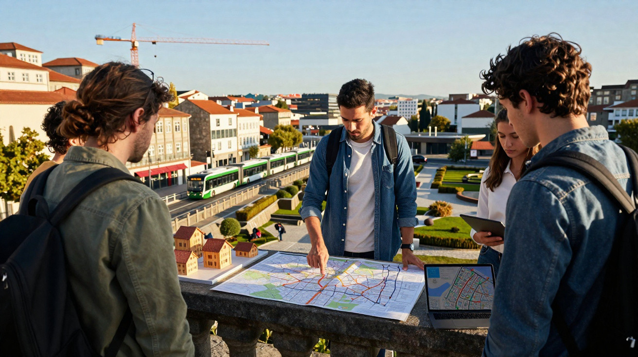 Grupo de jovens com mochilas a planear rota numa cidade com mapa e computador ao ar livre.