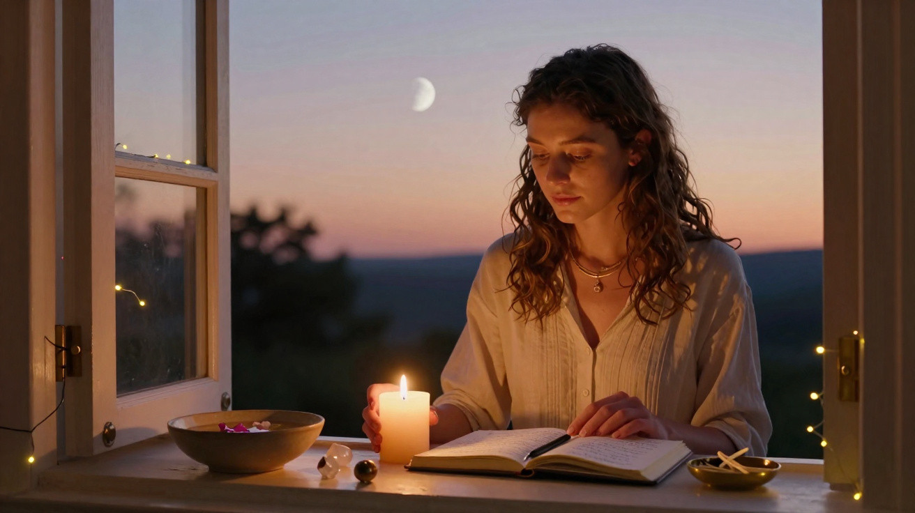 Mulher a ler um livro à luz de vela junto a uma janela aberta ao anoitecer, com a lua visível no céu.