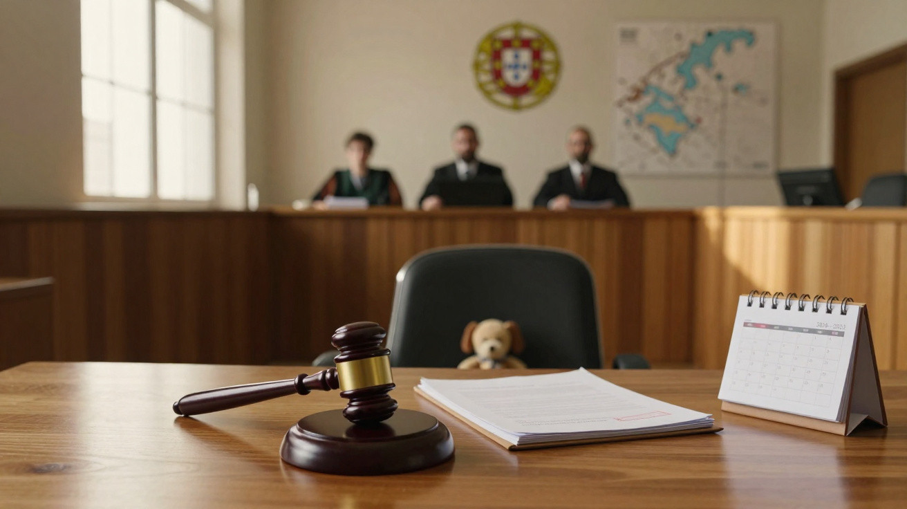 Martelo de juiz, documentos e calendário numa sala de tribunal com três juízes ao fundo e um urso de peluche na cadeira vazia