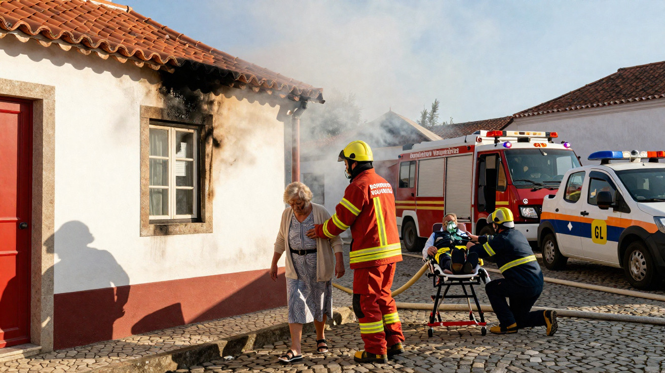 Bombeiros auxiliam idosa a sair de casa com fumo saindo pela janela, viaturas de emergência no local.