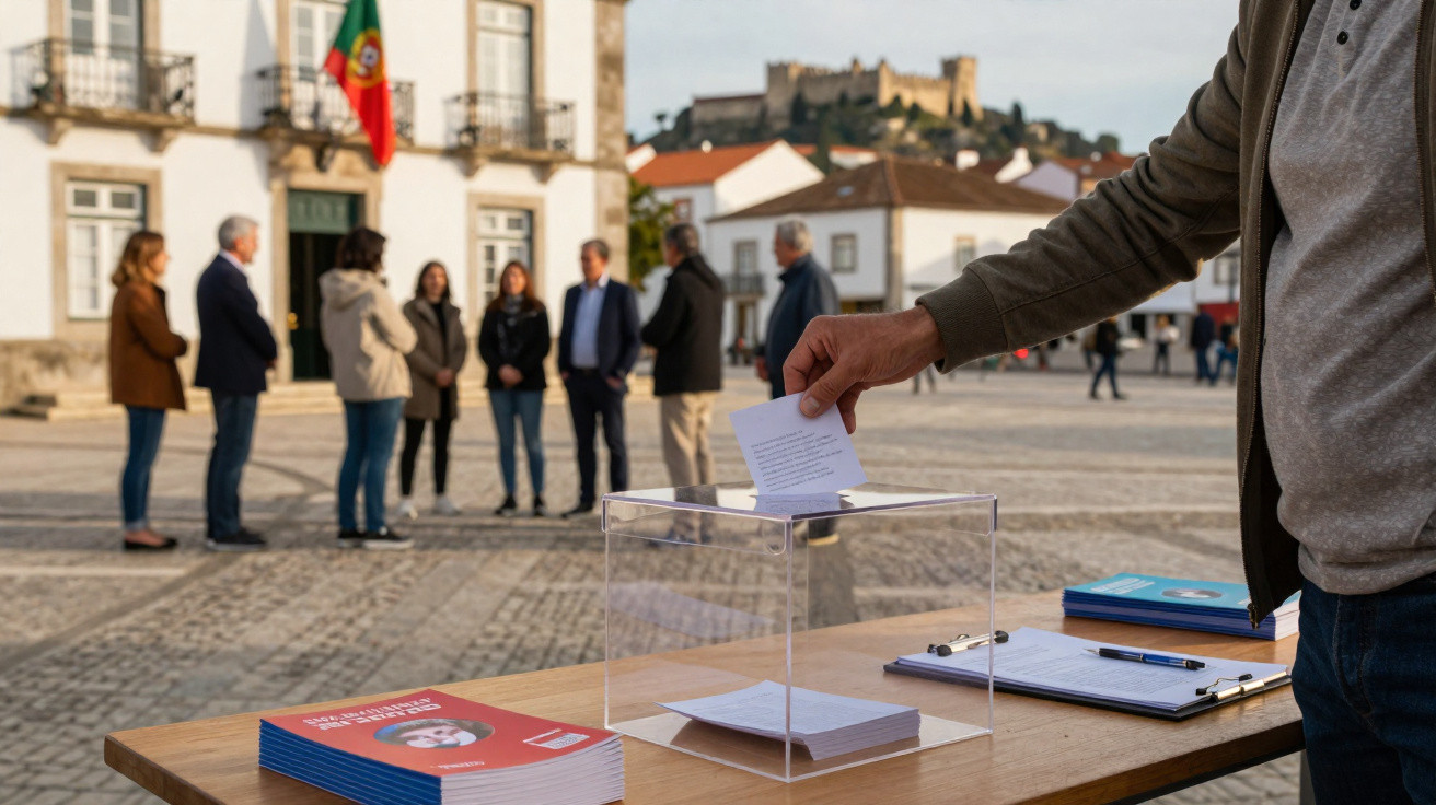 Pessoa a votar numa urna transparente ao ar livre com grupo de pessoas e castelo ao fundo.