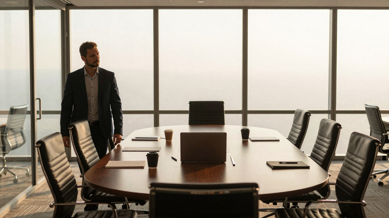 Homem de fato em sala de reuniões moderna com mesa oval, cadeiras de couro e janelas panorâmicas.