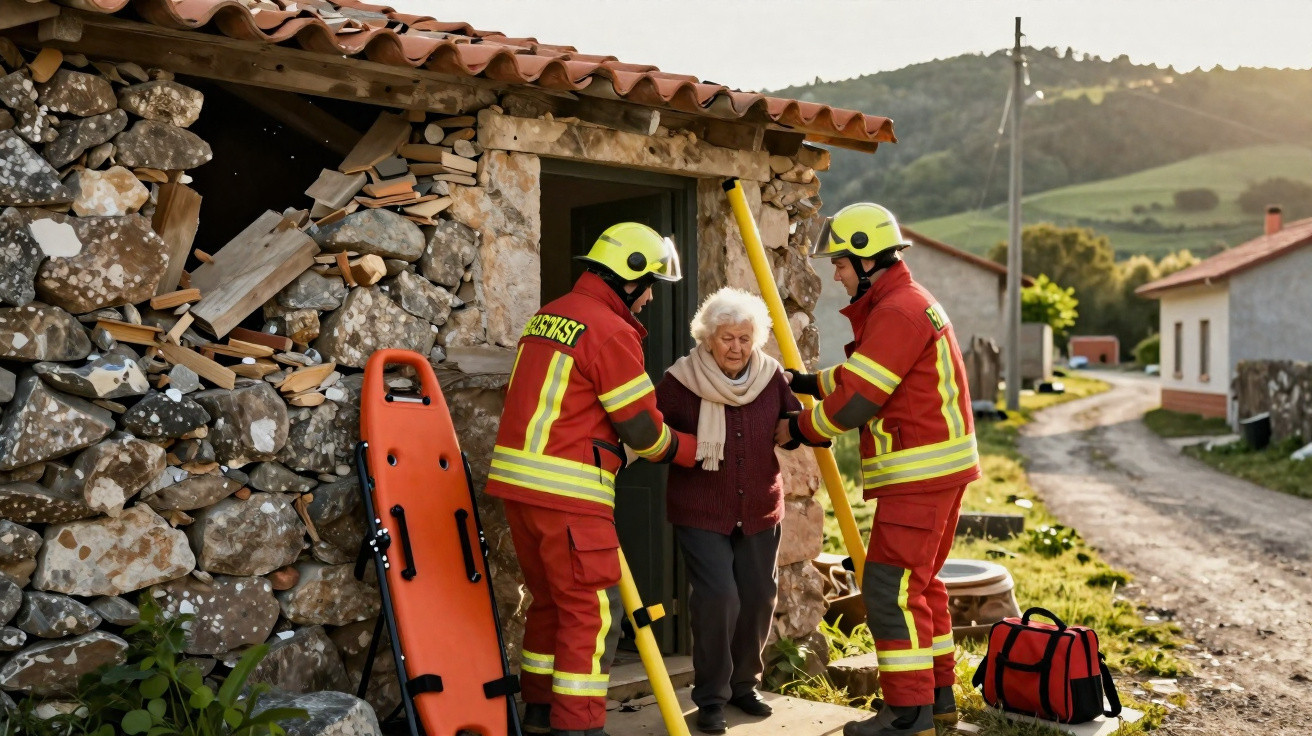 Dois bombeiros a auxiliar uma senhora idosa a sair de uma casa rústica em zona rural.