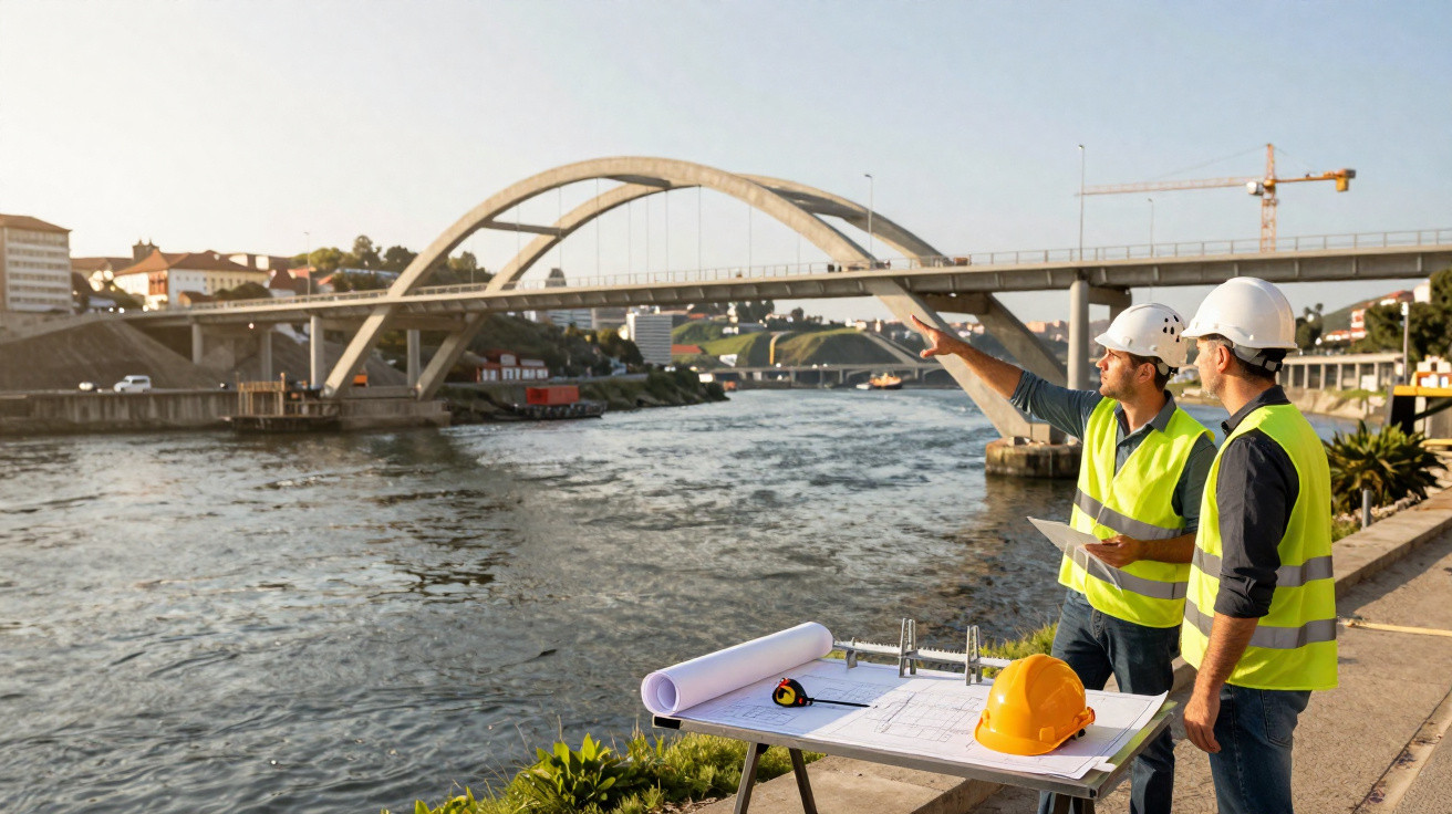 Dois engenheiros com coletes e capacetes observam e apontam para uma ponte sobre um rio, com plantas e capacete na mesa.