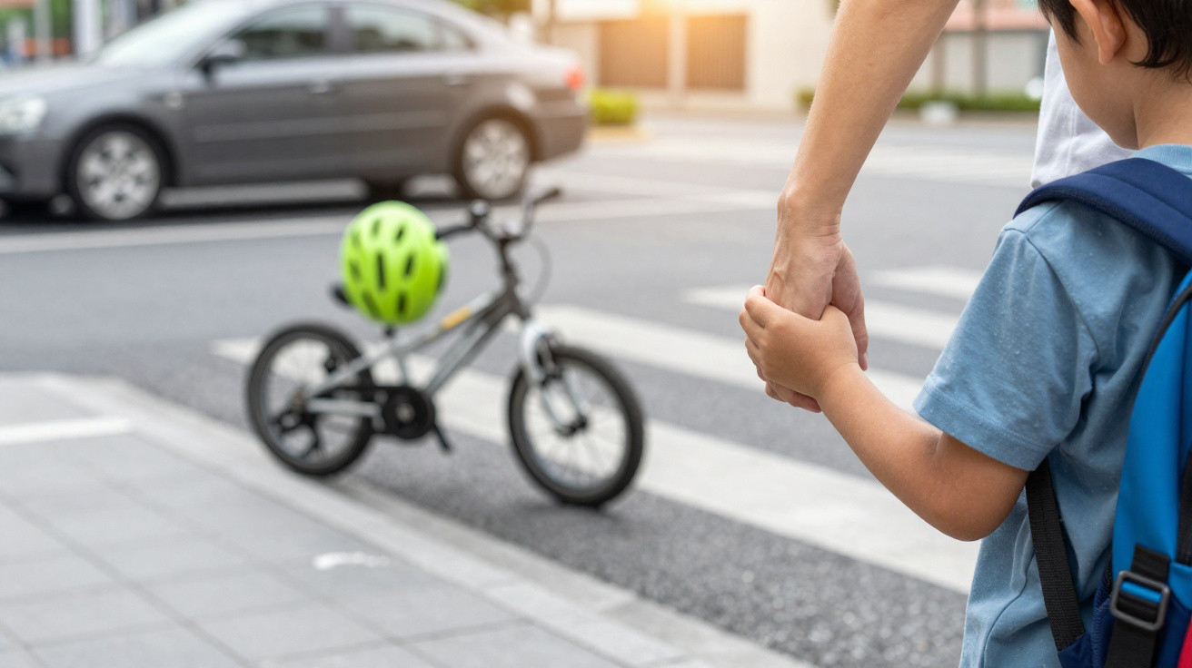 Criança de mochila azul de mãos dadas com adulto na passadeira, bicicleta e carro cinza ao fundo.