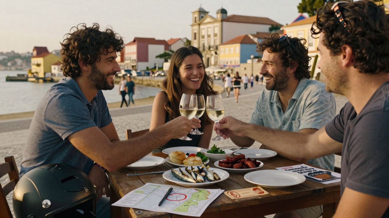 Grupo de quatro amigos a brindar com copos de vinho branco durante uma refeição à beira-mar.