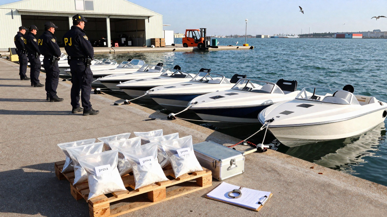 Quatro botes ancorados, pacote de pó branco em sacos plásticos e três agentes da polícia junto ao cais marítimo.