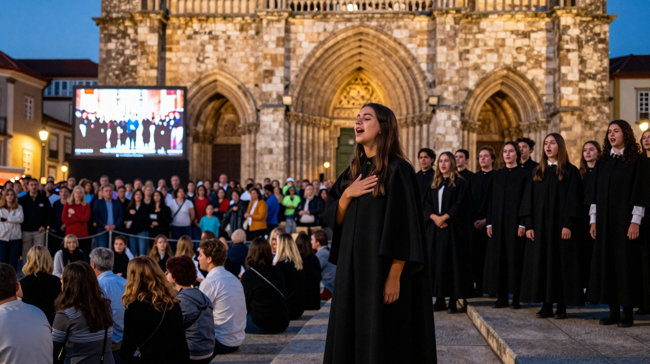 Grupo coral vestindo capas pretas a cantar em frente a uma igreja antiga, com público a assistir ao ar livre.