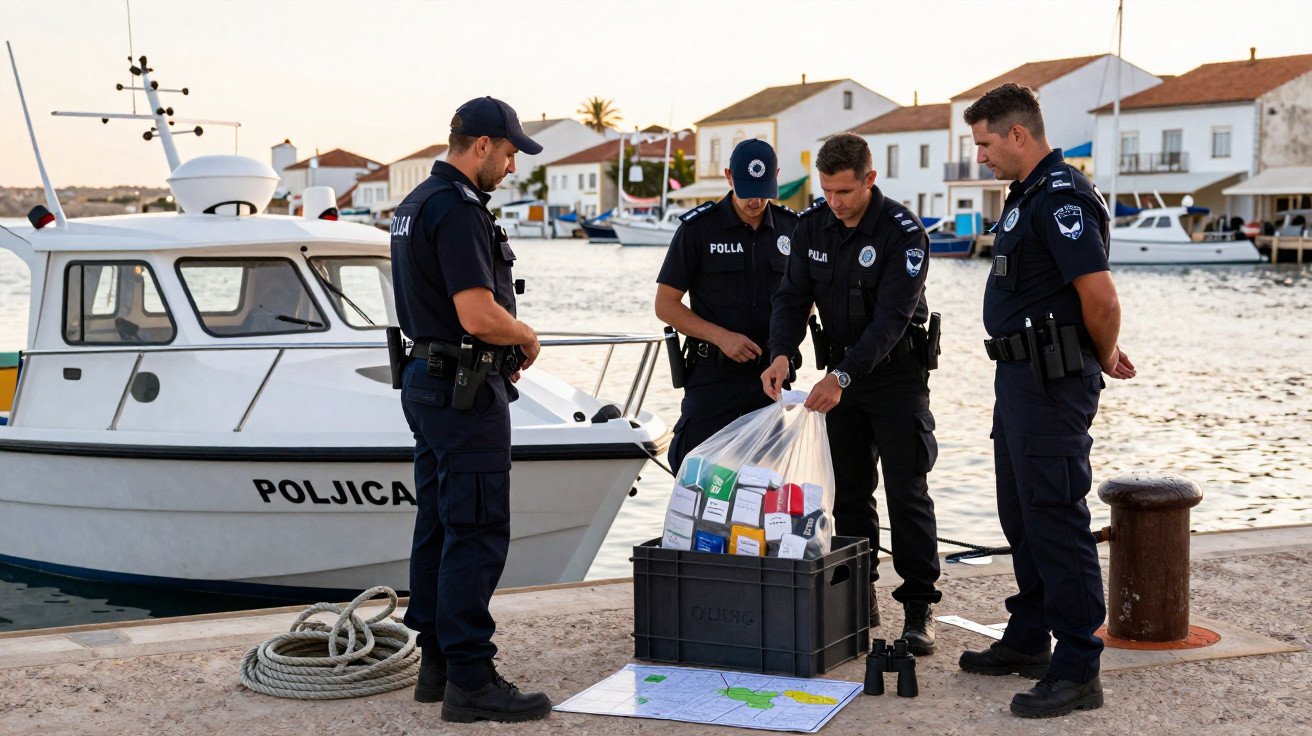 Quatro polícias junto a um barco, inspecionando sacos com produtos e um mapa no cais ao pôr do sol.