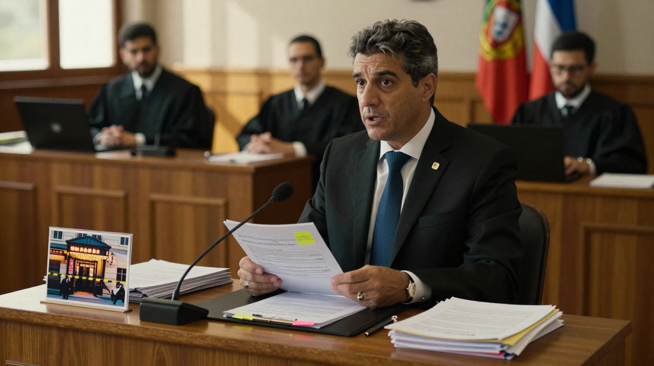 Advogado a apresentar documentos em tribunal, com juízes ao fundo e bandeira de Portugal visível.