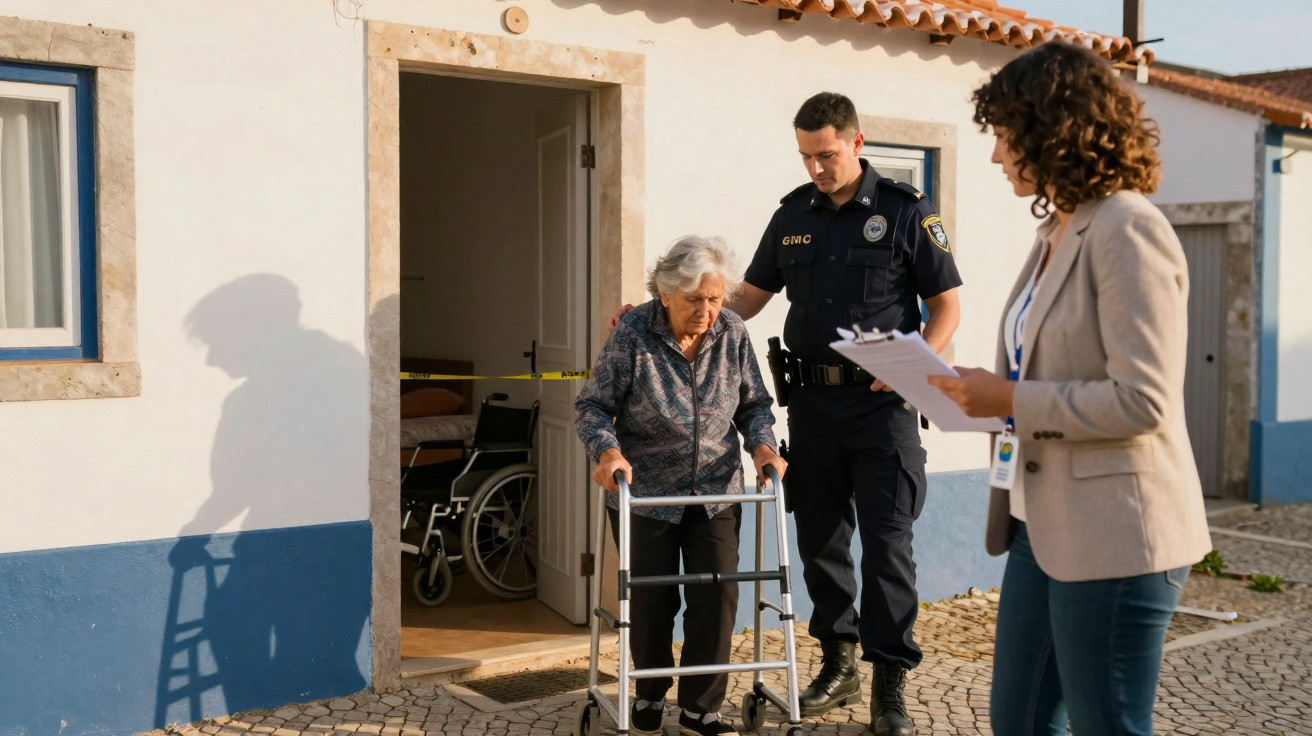 Polícia ajuda idosa com andador a sair de casa enquanto técnica segura prancheta numa rua com calçada portuguesa.