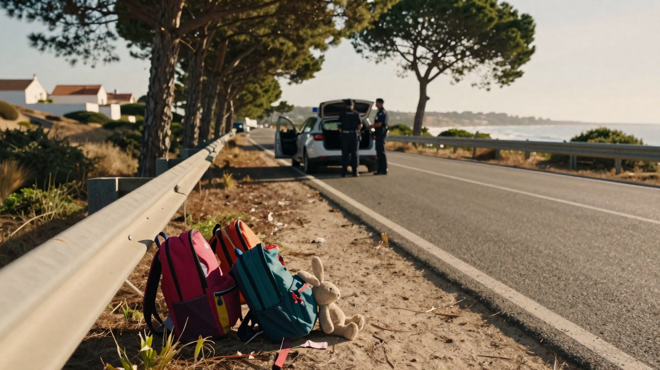 Três mochilas coloridas e um boneco de coelho na berma de uma estrada, com polícia e carro ao fundo.