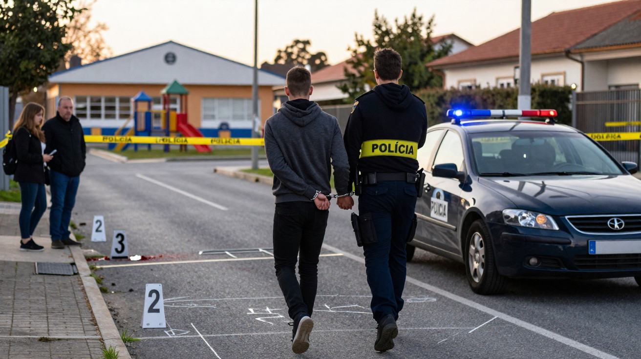 Polícia detém homem algemado numa cena de crime marcada na rua, com viatura policial e fita à volta.