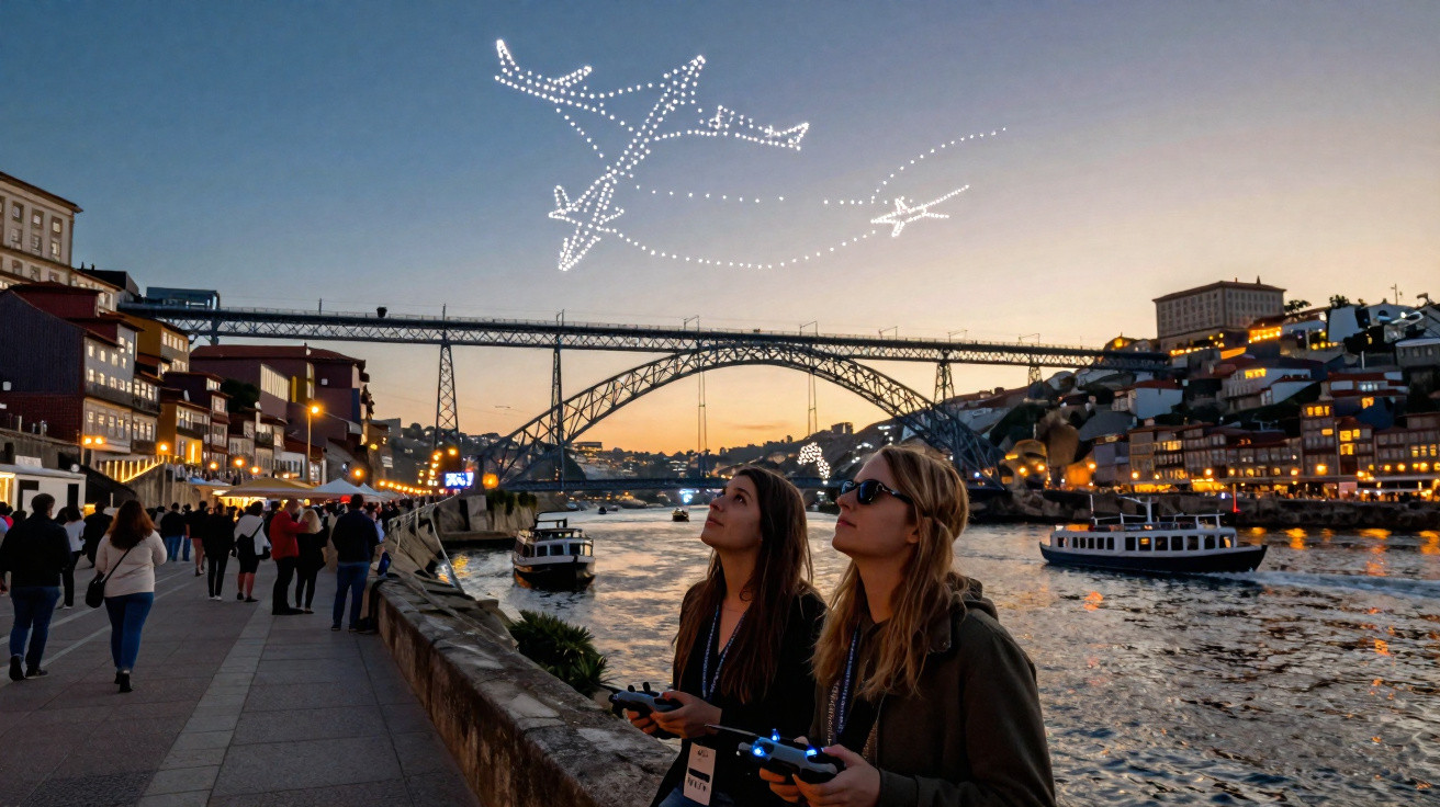 Duas mulheres observam drones a formar figuras de aviões com luzes ao entardecer junto ao rio e ponte na cidade.