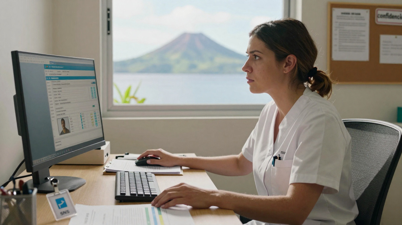 Mulher médica a trabalhar num computador num consultório com vista para uma montanha vulcânica.