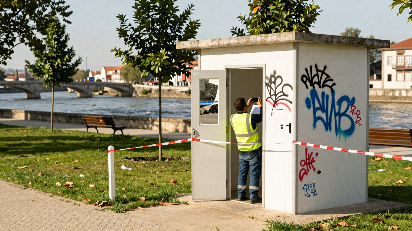 Homem de colete amarelo a fotografar cabine vandalizada com vidro partido junto a rio e área vedada.