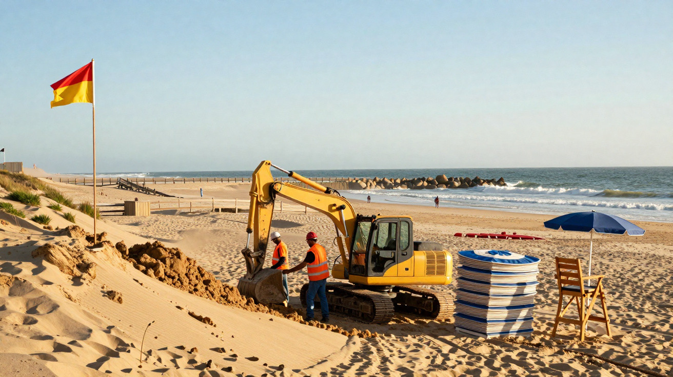 Máquina de escavação e trabalhadores a fazerem manutenção na praia com bandeira de aviso e guarda-sóis.