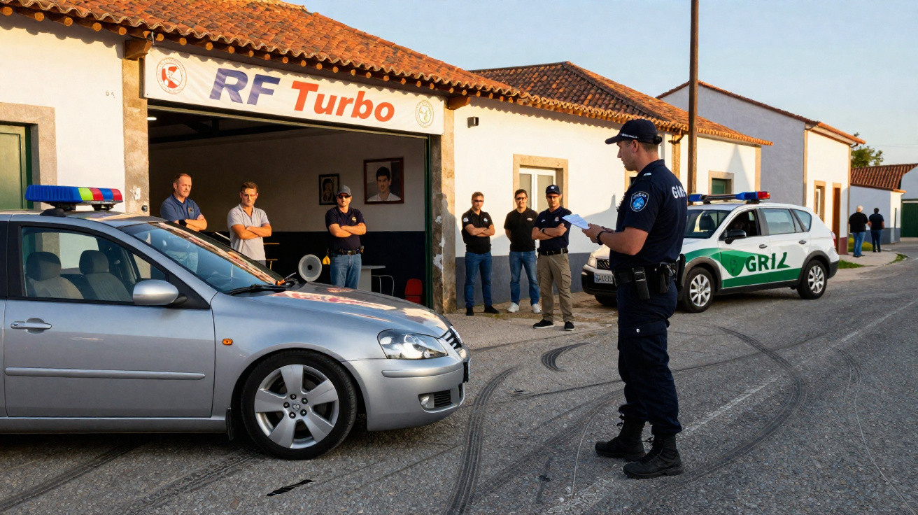 Polícia a fiscalizar carro com pneus queimados junto a oficina com vários homens a assistir.