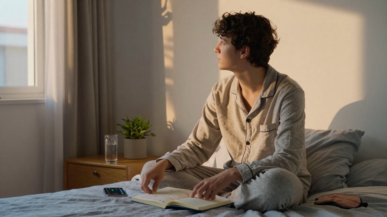 Jovem sentado na cama de pijama, a ler um livro e olhar pela janela de manhã.