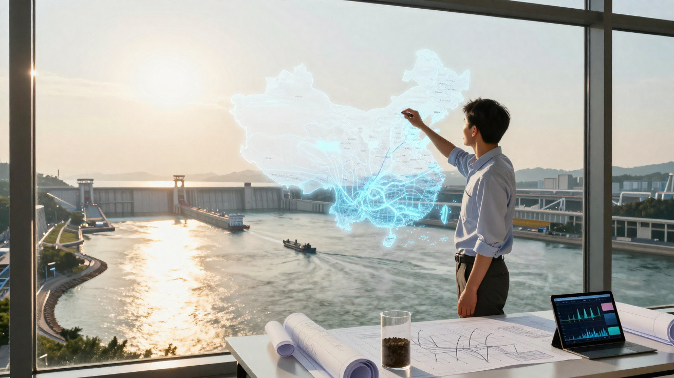Homem de pé junto a uma mesa com plantas e tablet, interage com mapa digital holográfico sobre ponte e rio ao pôr do sol.