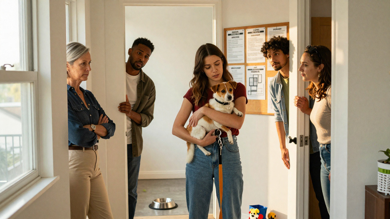 Grupo de pessoas observando mulher que segura um cão num corredor iluminado.