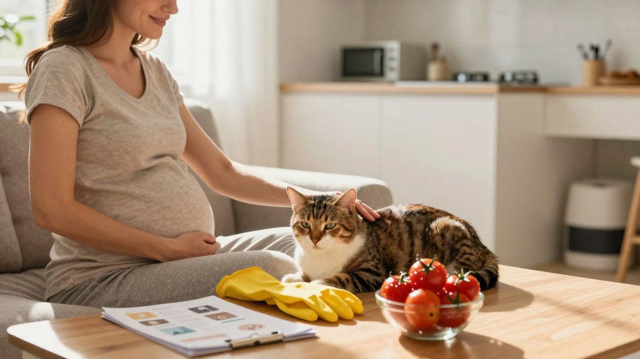 Mulher grávida sentada a acariciar um gato num sofá, com luvas e tomates numa mesa à frente.